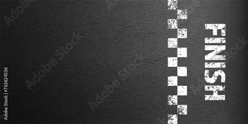 Asphalt road with white finish line marking, concrete highway surface, texture. Street traffic lane, road dividing strip. Pattern with grainy structure, grunge stone background. Vector illustration