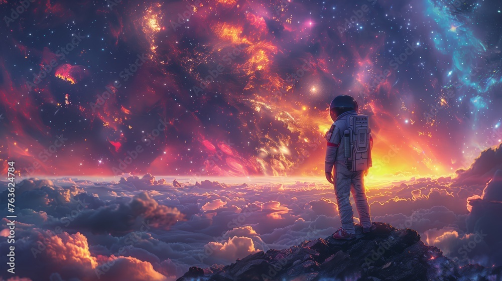 Cosmic exploration - astronaut overlooking nebula from mountain peak. Astronaut stands atop a mountain, gazing into a vibrant, star-filled nebula at sunset