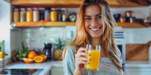 A radiant young woman holding a glass of orange juice in a bright kitchen, showing a healthy lifestyle
