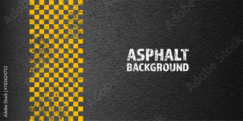 Asphalt road with yellow cracked lane marking, concrete highway surface, texture. Street traffic line, road dividing strip. Pattern with grainy structure, grunge stone background. Vector illustration