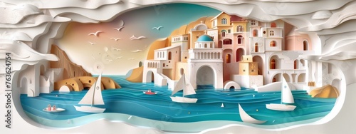 Greek island architecture, summer seashore travel concept in paper cut style, ai generative illustration © JovialFox