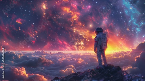 Cosmic exploration - astronaut overlooking nebula from mountain peak. Astronaut stands atop a mountain  gazing into a vibrant  star-filled nebula at sunset
