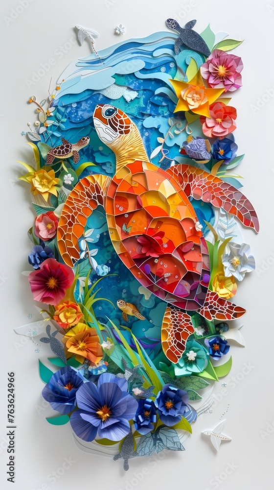 Bright colorful paper cut of a sea turtle release