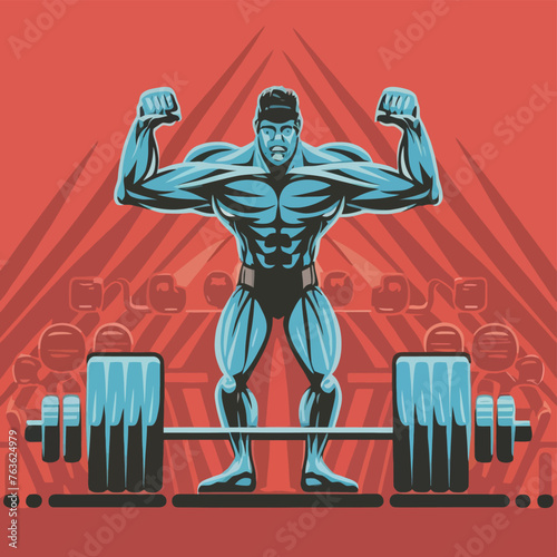 red white black modern style minimalist lines of a strong muscle pose strong body builder anatomy man at gym with bundle Doing exercises in all body positions using different gym equipment