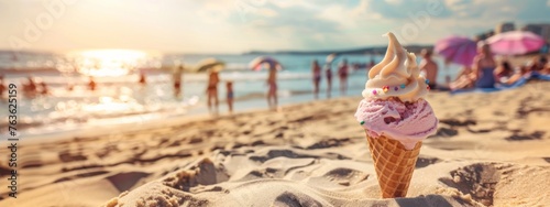 ice cream in cone sandy beach background, sunny day, outside outdoors, vacation and fun, relax and enjoy photo