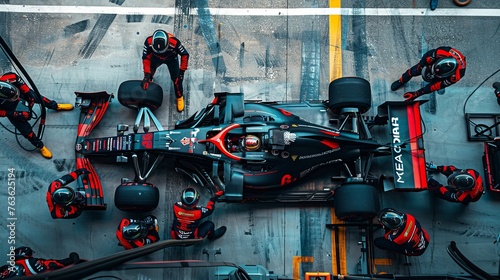 Precision Pit Stop: Formula 1 Racing Car Maintenance with Technical Team