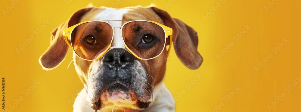 Cool and funny dog with vacation sunglasses, banner with copy space, yellow background, 3d illustration