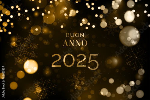 biglietto o banner per augurare un felice anno nuovo 2025 in oro su sfondo nero con cerchi dorati e bianchi con effetto bokeh