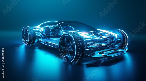 Futuristic Electric Sport Car Chassis and Battery Packs Showcasing High Performance EV Factory Production and Prototype Concepts with Copy Space