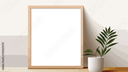 A mockup of a blank photo frame sitting on a wooden