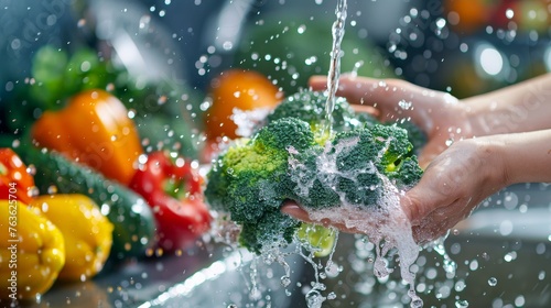 A person's hands are seen washing a vibrant broccoli with splashes of water among other colorful vegetables, illustrating freshness and hygiene