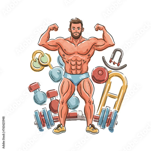 red white black modern style minimalist lines of a strong muscle pose strong body builder anatomy man at gym with bundle Doing exercises in all body positions using different gym equipment