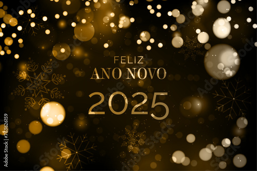 cartão ou banner para desejar um feliz ano novo 2025 em ouro sobre fundo preto com círculos dourados e brancos em efeito bokeh photo