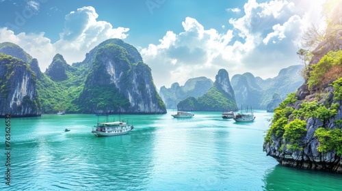 Halong bay, limestone islands and emerald waters, vietnam   natural wonder landscape wallpaper © Andrei