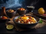 Shrimp curry fried rice - Thai food in plate on wooden table background.Generative ai
