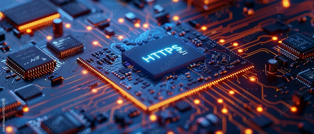 A close-up view with the acronym HTTPS displayed on a microchip, representing the concept of Hypertext Transfer Protocol Secure.
 - obrazy, fototapety, plakaty 