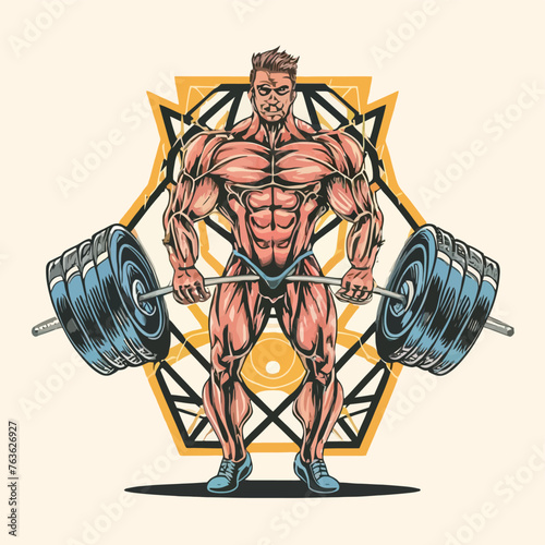 red white black modern style minimalist lines of a strong muscle pose strong body builder anatomy man at gym with bundle Doing exercises in all body positions using different gym equipment