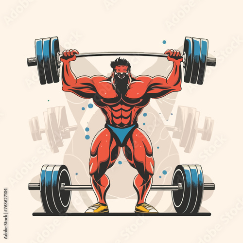 red white black modern style minimalist lines of a strong muscle pose strong body builder anatomy man at gym with bundle Doing exercises in all body positions using different gym equipment
