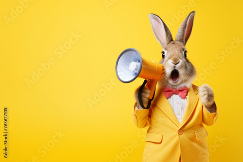 Rabbit in yellow suit with megaphone having surprised expression. Shocked Easter bunny holding loudspeaker © LiliGraphie