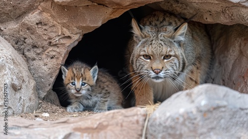 Andean mountain cat and kitten portrait with space for text, object on right side