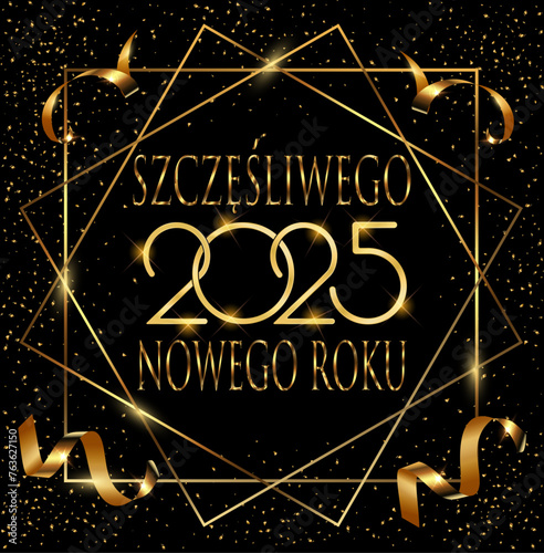 karta lub baner z życzeniami szczęśliwego nowego roku 2025 w złocie w kwadracie i dwóch złotych diamentach na czarnym tle ze złotymi cekinami i serpentynami