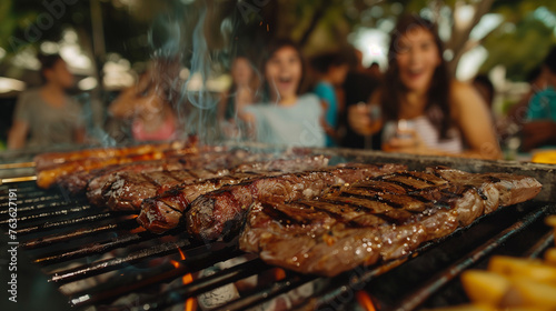 Family and friends gathered around a grill for asado photo
