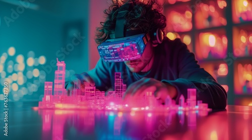 A man wearing virtual reality goggles is creating a 3D model of a city skyline using an advanced Technology, showcasing the excitement and wonder of virtual reality technology. photo