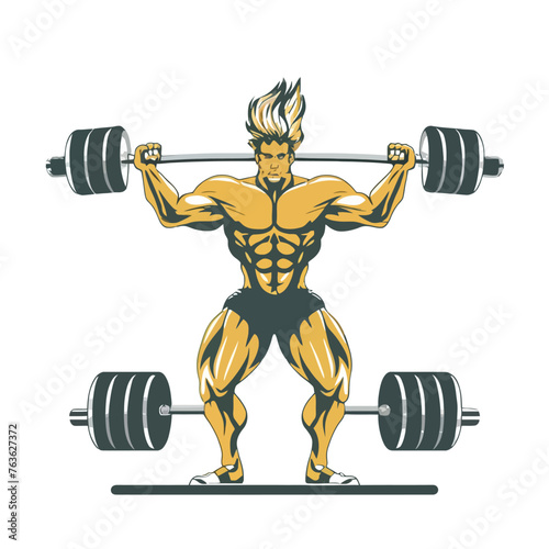 red white black modern style minimalist lines of a strong muscle pose strong body builder anatomy man at gym with bundle Doing exercises in all body positions using different gym equipment
