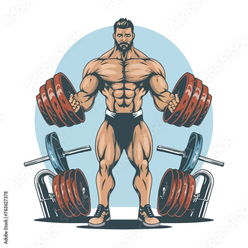 red white black modern style minimalist lines of a strong muscle pose strong body builder anatomy man at gym with bundle Doing exercises in all body positions using different gym equipment
