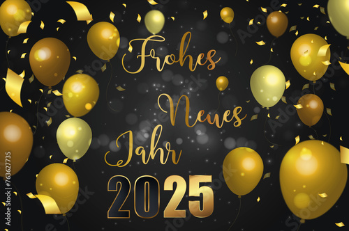 Karte oder Banner, um ein frohes neues Jahr 2025 zu wünschen, in Gold auf einem schwarzen Hintergrund mit Farbverlauf, mit weißen Kreisen im Bokeh-Effekt und goldfarbenen Luftschlangen auf jeder Seite