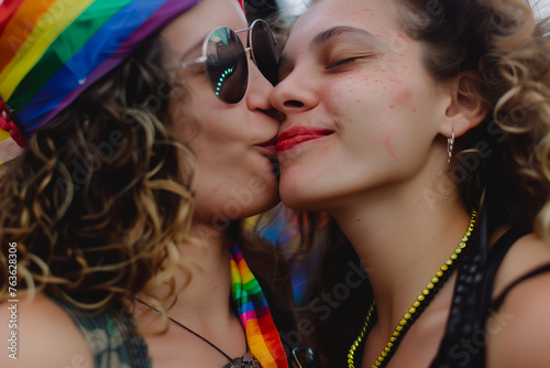 Lesbian kiss during gay pride, tender couple giving love to each other between two gay women full of colours