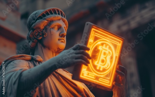 Roman Emperor statue holds glowing Bitcoin tablet, bridging history to future.
