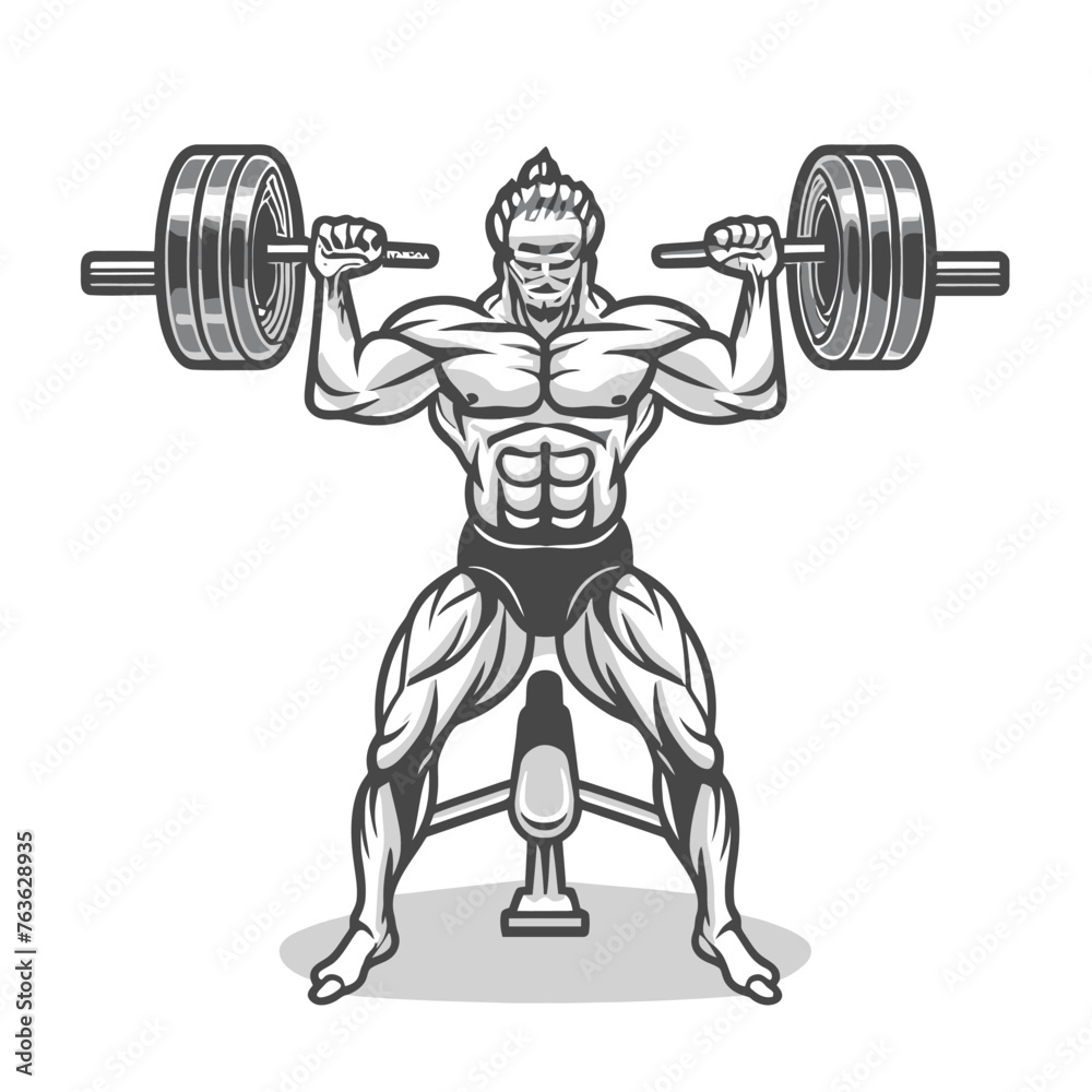 red white black modern style minimalist lines of a strong muscle pose strong body builder anatomy man at gym with bundle Doing exercises in all body positions using different gym equipment
