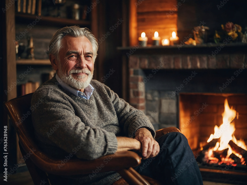 Golden Years: Close-Up of a Mature Man Relaxing by the Fireplace - A Cozy Indoor Portrait of Senior Living at Home Golden Years: Close-Up of a Mature Man Relaxing by the Fireplace - A Cozy Indoor Portrait of Senior Living at Home