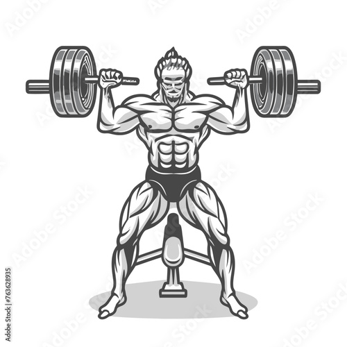 red white black modern style minimalist lines of a strong muscle pose strong body builder anatomy man at gym with bundle Doing exercises in all body positions using different gym equipment
