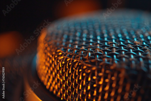 A detailed view of a microphone windscreen, with the texture of the foam visible, set in a dimly lit studio.