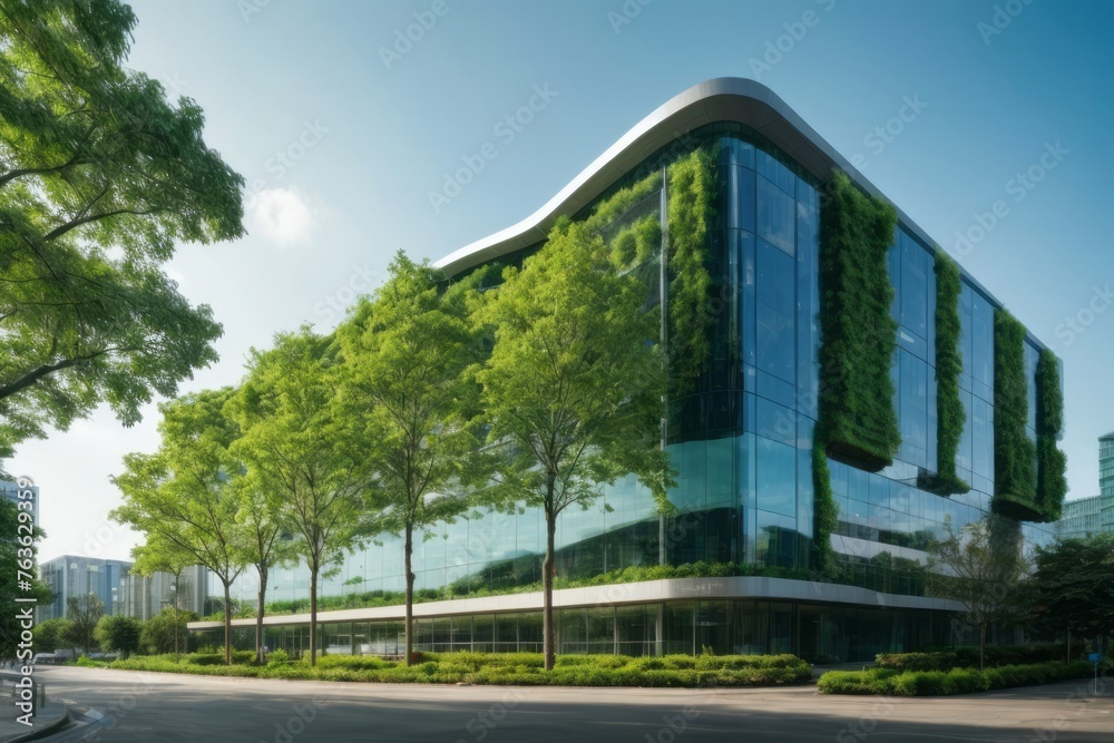Glass business office building with trees in environmentally friendly city