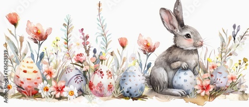 Cute Bunny and Easter Eggs in Floral Meadow Watercolor Illustration. Easter Artistic Decorative Background. Invitation and Greeting Card Template.