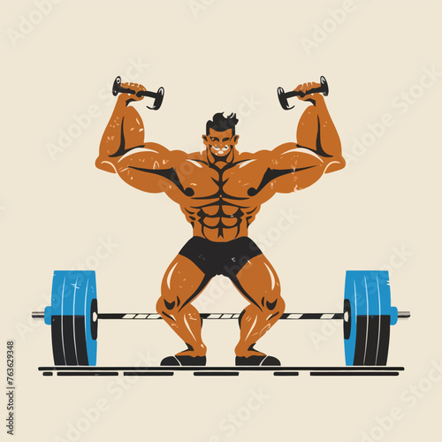 red white black modern style minimalist lines of a strong muscle pose strong body builder anatomy man at gym with bundle Doing exercises in all body positions using different gym equipment
