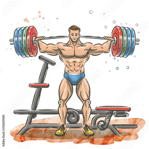 red white black modern style minimalist lines of a strong muscle pose strong body builder anatomy man at gym with bundle Doing exercises in all body positions using different gym equipment
