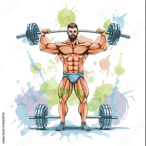 red white black modern style minimalist lines of a strong muscle pose strong body builder anatomy man at gym with bundle Doing exercises in all body positions using different gym equipment

