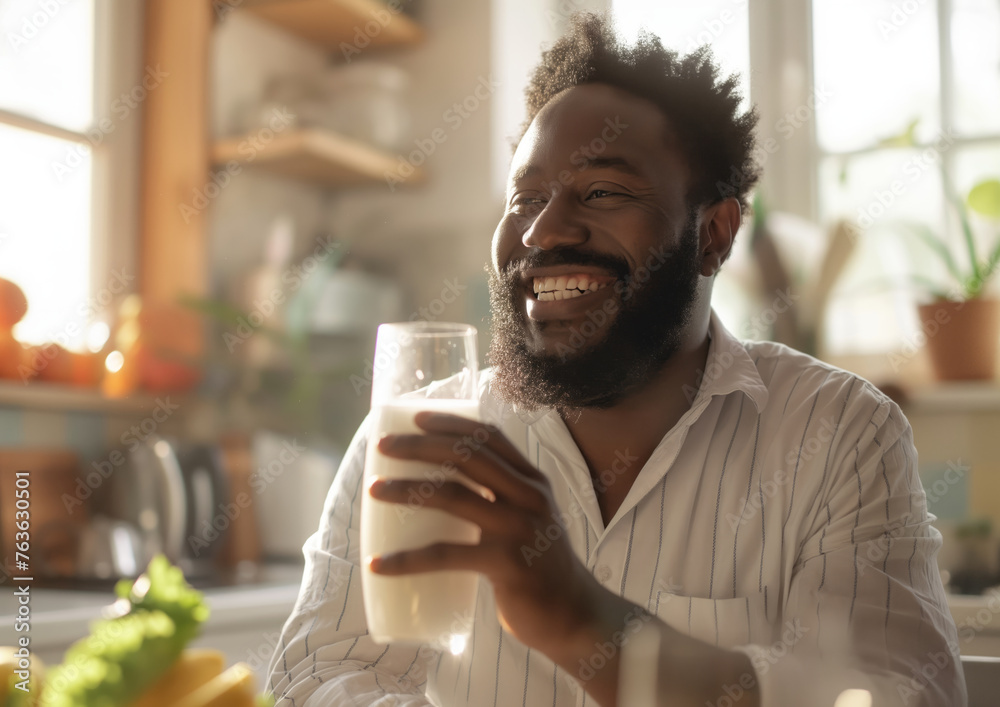 Happy african american man with beard in the light modern kitchen drinking milk from the glass