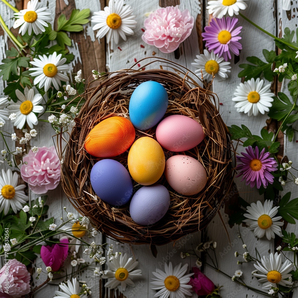 Easter-themed photo, colorful eggs in a wicker basket on wooden planks Easter-themed photo, colorful eggs in a wicker basket on wooden planks