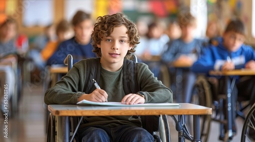 Dedicated disabled student in a wheelchair focused on studying in a classroom setting