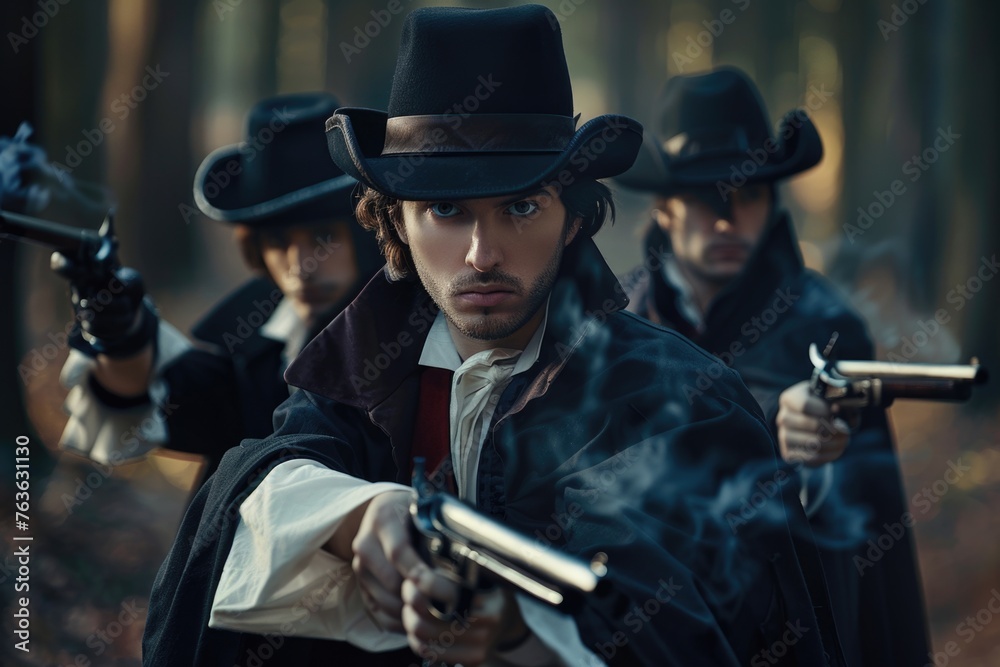 Elegant musketeer in historical attire, portraying bravery and chivalry in an enchanting renaissance setting, a symbol of classic heroism and adventure