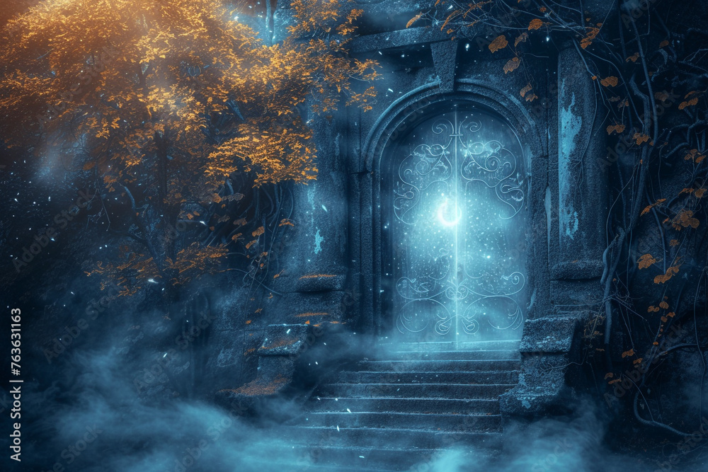 A magical door made of swirling mist, with a mystical key inserted in the keyhole, leading to a realm of fantasy.