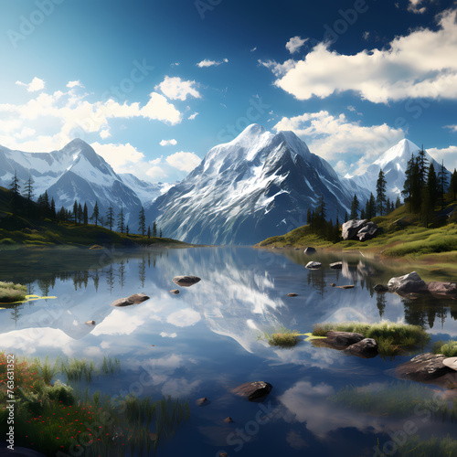 A serene mountain lake with reflections of surrounding environment