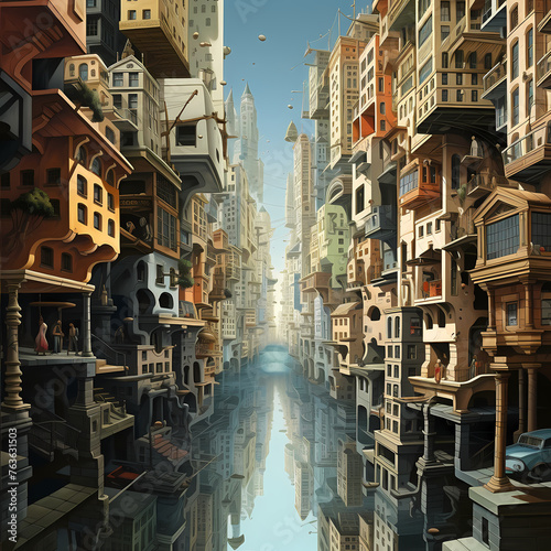 A surreal cityscape with upside-down buildings. 