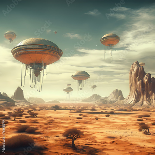 A surreal desert landscape with floating zeppelins