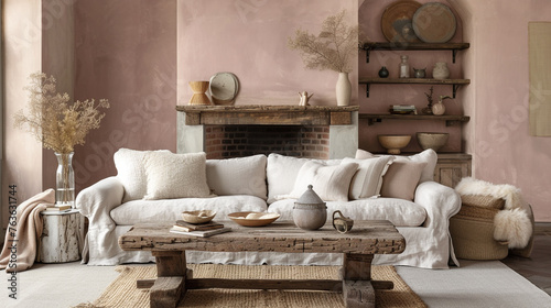 A rustic chic living room boasting a stone fireplace, a distressed wood coffee table, and a taupe-colored linen sofa.